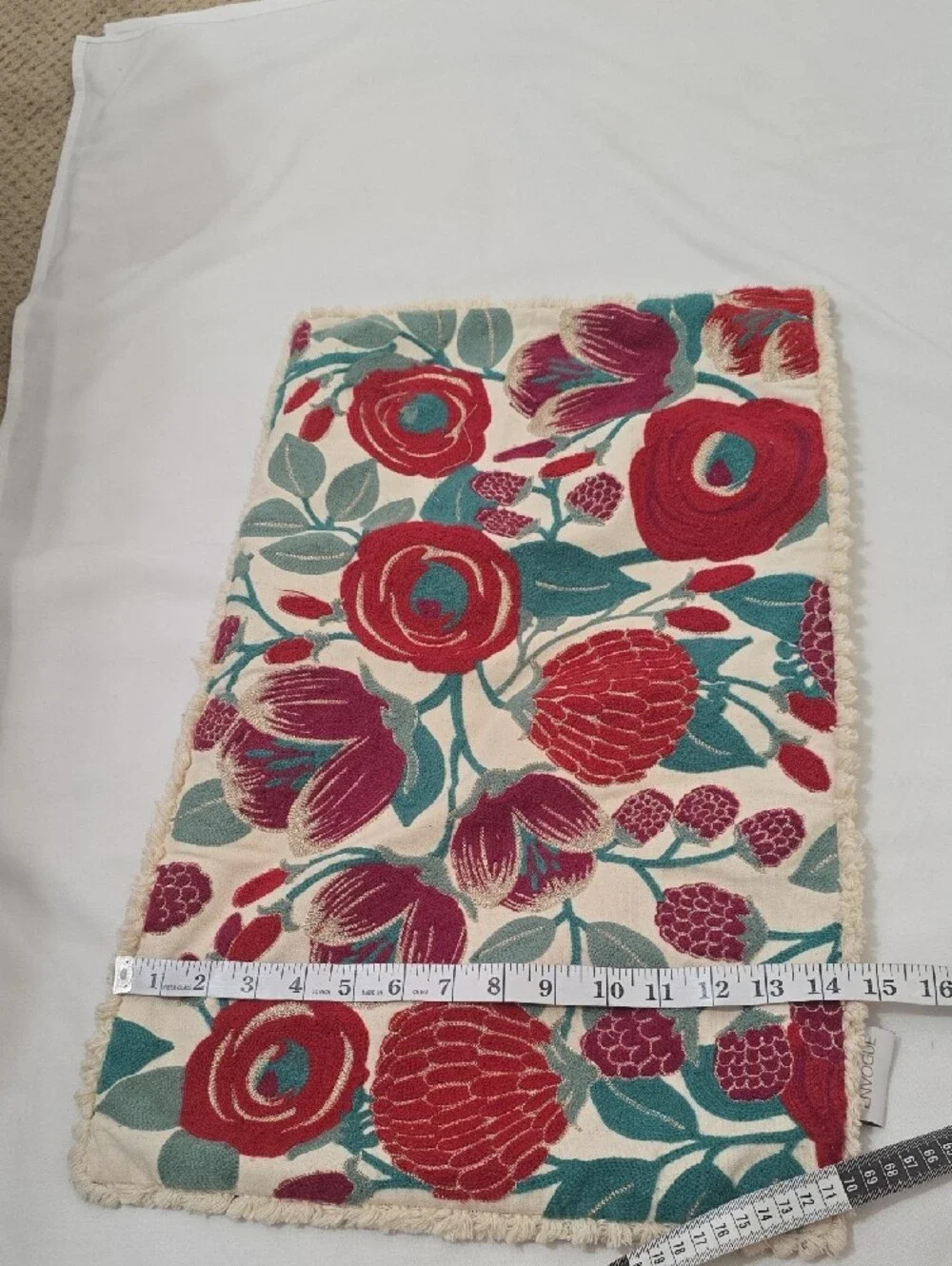 Envogue Floral Embroidered Cream Pillow Case with Teal and Red Accents